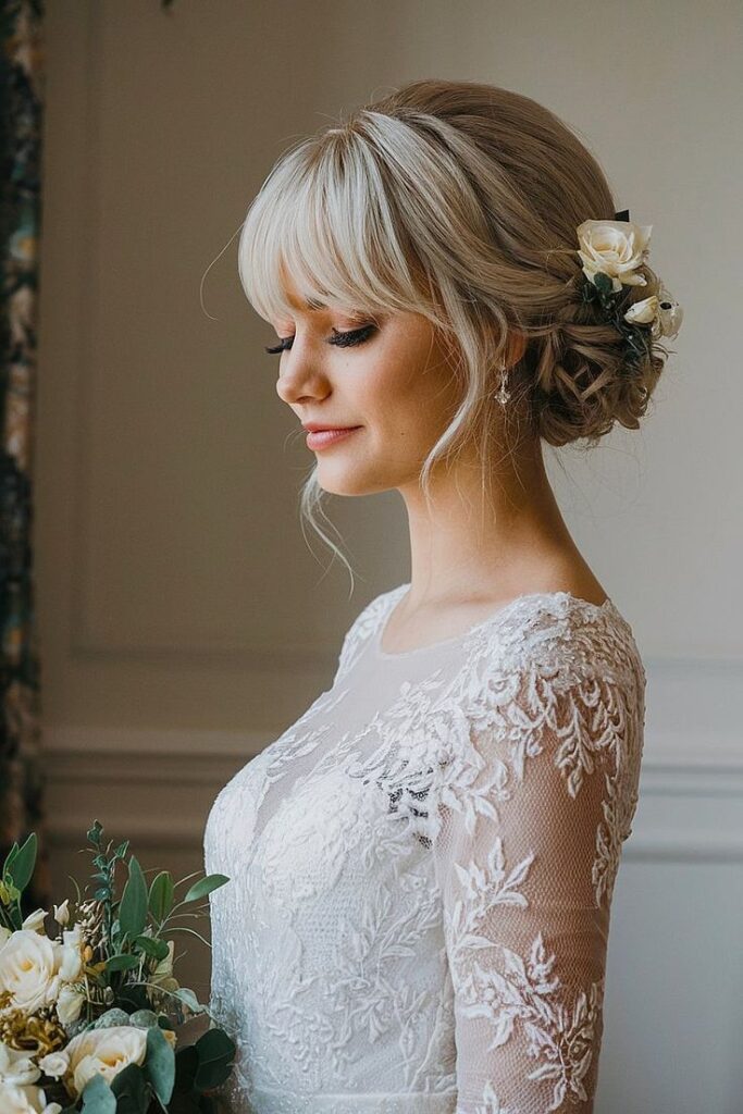 Boho Braided Updo with Flowing Curtain Bangs